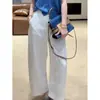 Pantalones de Color Sólido de Algodón y Lino de Botonadura Única Pierna Ancha para Mujer Verano Delgados de Cintura Alta Adelgazantes Sueltos Casuales con Caída Rectos de Nueve Décimas Partes