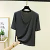 Camiseta Modal Nova Patchwork Gola V Manga Cinco Pontas Feminina Verão Tamanho Grande Elástica Camada Base Solta Casual