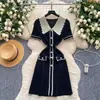 Vestido de verano para mujer estilo retro chic coreano, con bloques de color, cuello polo de manga corta, estilo francés con hebilla metálica, entallado a la cintura, adelgazante, de seda helada