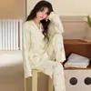 Pijama Nuevo de Algodón para Mujer, Simple Rayas de Dibujos Animados Lunares Cardigan con Solapa, Se Puede Usar Afuera, Ropa para el Hogar, Conjunto de Manga Larga
