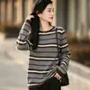 Suéter de punto de algodón puro para mujer, con cuello redondo, bloques de color, multirayas, de manga larga, corte holgado, adecuado para primavera y otoño, cómodo contra la piel, ideal para usar en capas.