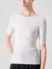 Suéter Fino de Lã 100% Pura Lavável à Máquina para Mulheres, Decote Redondo, Manga Curta, Corte Justo, Camada Base Sem Costura para Primavera e Verão