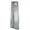 G60104 High Street Estilo Americano Tendencia Callejera para Hombres y Mujeres Diseño de Salpicaduras Bigote de Gato Jeans de Corte Recto Holgado