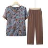 Terno de Estilo Chinês de Manga Curta Floral Tamanho Grande para Mães de Meia-Idade e Idosas, Casual Solto Vovó Blusa e Calça Conjunto de Duas Peças Fino