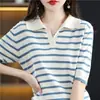 Camiseta feminina de verão nova, gola lapela, color block listrada, malha 100% algodão, corte solto casual, estilo jovem coreano, manga curta