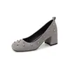 Atmosfera legal e elegante sapatos de camurça com strass sapatos de salto único feminino 2026 outono novo bico redondo francês salto grosso decote baixo salto alto moderno