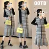 En Stock Nuevo Vestido de Punto Grueso Patchwork Otoño e Invierno Nicho Único Cuello en V Adelgazante de Maternidad Sirena