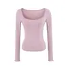 Camiseta Sexy Americana de Corte Bajo con Escote Grande en U para Mujer con Bolsillo de Parche Tejido Ajustado Adelgazante de Manga Larga Corta Capa Base