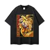 Camiseta estampada de manga corta, lavado floral estilo americano, negro desgastado, corte holgado extragrande, diseño de anime de moda, hombros caídos, manga corta