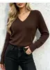 Suéter de punto con cuello en V transfronterizo de Amazon, suéter nuevo de moda de comercio exterior para otoño e invierno, camisa base de manga larga ajustada de color liso