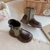 Botas de lona com retalhos color block marrom de cano alto estilo Martin para meninas, botas de cano único estilo princesa, botas infantis retrô estilo britânico de meia-panturrilha