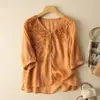 Roupas Novas de Verão 2024, Renda Bordada Vazada, Soltas, Efeito Emagrecedor, Blusas de Algodão e Linho que Cobrem a Pele, Camisetas de Manga Meia para Mulheres Plus Size
