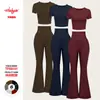 Primavera/Verano 2026 Nuevo Estilo Europeo y Americano Pantalones Acampanados Transfronterizos Crop Top de Cintura Alta Manga Corta Ropa Deportiva Multiusos Traje Casual para Mujer