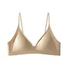 Sujetador de copa triangular de malla con escote profundo para mujer, seda de morera satinada, push-up, sin aros, malla hueca, sujetador de tirante fino
