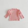 Camiseta de manga abullonada con orejas de madera y cuello medio para bebé, ropa infantil coreana 2024, top para niña, camisa de otoño para niña