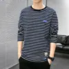 Camiseta de Manga Larga Dropshipping Transfronterizo Otoño e Invierno 2025 Marca Trendy Americana Juventud Talla Grande Rayas Cuello Redondo Camiseta Base Superior