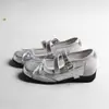 Sapatos Bailarina Versáteis de Verão com Laço em Couro Macio Prata, Estilo Vintage, Sapatos Mary Jane que Aumentam a Altura para Mulheres Baixas