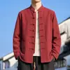 Nova Jaqueta Cardigan Cor Sólida de Algodão e Linho Estilo Chinês Masculina Temporada Primavera Outono Roupa Masculina Estilo Chinês Gola Alta Botão de Rã Casual Top Estilo Tang
