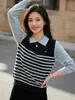 Suéter de Punto con Rayas Bloque de Color y Cuello Chal Reductor de Edad para Mujer, Jersey Casual Holgado, Top Falso de Dos Piezas Estilo Francés con Manga Larga