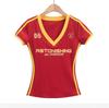 Verão 2025 Nova Camiseta Básica Slim de Gola V para Meninas Quentes Top Costura em Blocos de Cores Contrastantes Europeu e Americano Manga Curta Atacado