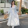 Conjunto de Vestido de Alça Floral Francês para Mulheres Primavera Verão Doce Babado Proteção Solar Camisa Barra Larga Vestido com Letra Conjunto de Duas Peças