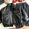 Chaqueta de cuero de doble bolsillo para niño para primavera y otoño, estilo coreano, chaqueta de moto moderna y elegante para niños, prenda exterior de moda para niños pequeños
