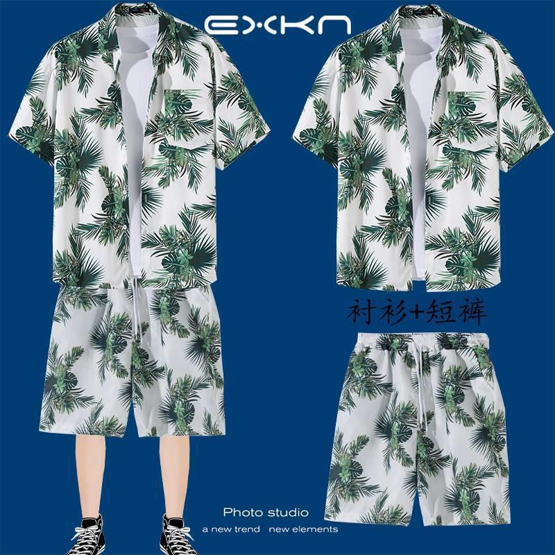 冰丝短裤一整套男夏季薄款宽松短袖碎花衬衫夏威夷情侣沙滩服套装