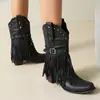 Botas de Comercio Exterior Talla Grande 40-43, Punta Fina, Botas de Media Caña Estilo Europeo y Americano, Hebilla de Cinturón, Botas de Moda con Remaches, Botas con Borlas, Botas de Tacón Medio para Mujer