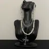Colar Camadas Transparente com Pingente de Cruz de Contas Redondas Estilo Hot Girl da Moda para Mulheres, Corrente de Clavícula Multicamadas com Acabamento de Alto Padrão