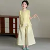 Conjunto de Verão para Meninas Médias e Grandes Sem Mangas Novo Estilo Chinês 26 Novas Roupas Infantis Roupa Infantil Menina Colete Calça Cropped Conjunto de Duas Peças