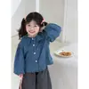 Estilo Coreano Primavera Outono Bebê Bonito Poá Jeans Camisa ins Manga Longa Gola Boneca Solta Roupas Infantis Camisa