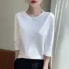 Camiseta Manga Curta Gola Meia-Alta Estilo Coreano, 100% Algodão Australiano Penteado Ice-Cool, Gola Redonda, Cor Sólida, Corte Solto, Top Interno Emagrecedor para Mulheres