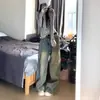 Jeans Petite Americano de Barra Desfiada para Mulheres, Calças Largas de Cintura Alta Tendência, Caimento Solto e Fluido, Comprimento no Chão