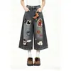 Jeans Cropped de Moda Retro Americano con Bordado de Dibujos Animados y Cuchillo Curvo para Mujer, Shorts Rectos Sueltos de Pierna Ancha