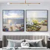 Pintura Dupla Suspensa Floral Minimalista Moderna, Arte Curativa em Aquarela para Parede de Fundo do Quarto Principal, Pintura Decorativa para Sala de Estar, Pintura Combinada de Cabeceira