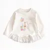 Camiseta de Manga Larga con Estampado de Oso y Conejo Blanco Leche con Volantes de Encaje en el Dobladillo Top para Cumpleaños de Niña Primavera y Otoño