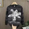 Sudadera informal versátil de cuello redondo, engrosada y forrada de forro polar, estilo americano, para hombre, con estampado de flor de mandala, desgastada.
