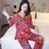 Pijama de estilo celebridad de internet de flores grandes del noreste para mujer, estilo étnico con hebilla, ropa de casa de dos piezas, terciopelo cálido para invierno