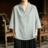 Verão 2026 Novo Estilo Chinês Roupas Masculinas Seda Gelada Casual Hanfu Estilo Japonês Tamanho Grande Tendência Camiseta Lisa para Homens