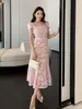 Vestido longo rosa de renda, estilo romântico francês, decote quadrado sexy, saia sereia acinturada, elegante e estiloso para mulheres