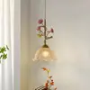 Lámpara Colgante de Mesita de Noche Estilo Francés Pastoral, Vintage Entrada de Estudio Flor de Rosa Ambiente Barra de Vidrio Lámpara Colgante Pequeña