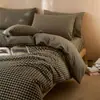 Conjunto de Roupa de Cama Xadrez Simples 100% Algodão Lavado Quatro Peças Lençol de Cama 1.8 Algodão Puro Amigo da Pele Conjunto de Três Peças para Dormitório 1.5m