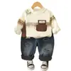 2025 Novo Moletom de Veludo de Inverno Meninos Conjunto de Duas Peças Estilo Coreano Solto Casual Retalhos Listrado Manga Longa Tendência