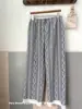 Série Muito Doce e Amiga da Pele Calça Xadrez Casual K05 # Patchwork de Renda Fina Solta de Perna Reta Calça de Casa