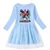 Vestido Transfronterizo Nuevo para Niñas Primavera y Otoño Algodón Estampado Caricatura Estrellas y Luna Malla Manga Larga Vestido de Princesa