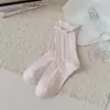 Calcetines largos con estampado floral rosa, estilo mujer, calcetines de otoño temprano estilo coreano hasta la mitad de la pantorrilla, con ribete dulce de encaje, estampado de lunares, sin costuras, resistentes al olor y con diseño de volantes