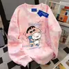 Diseño Coreano Americano Sudadera de Cuello Redondo Crayon Shin-Chan para Mujer Otoño e Invierno Estilo Nicho Casual Tie-Dye Rosa