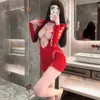 Ropa Íntima Sexy Europea y Americana de Manga Larga con Aberturas para Mujer, Falda de Malla Transparente con Espalda Descubierta y Cadera Expuesta, Calcetines de Red Calientes, Ropa de Malla Ajustada