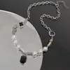 Estilo Punk Personalidade Moda Pontos de Diamante Pretos Pérola Branca Simples Pingente de Alto Padrão Corrente de Lã de Aço Inoxidável Colar Mulheres