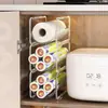 Estante de almacenamiento para rollo de papel de trapo desechable, organizador de film transparente, apilable y en capas para gabinetes de cocina y alacenas profundas